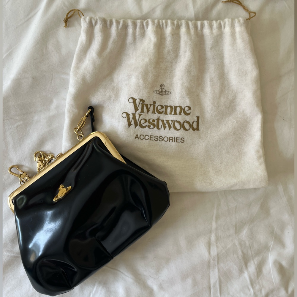 Vivienne Westwood black leather bag with gold hardware.